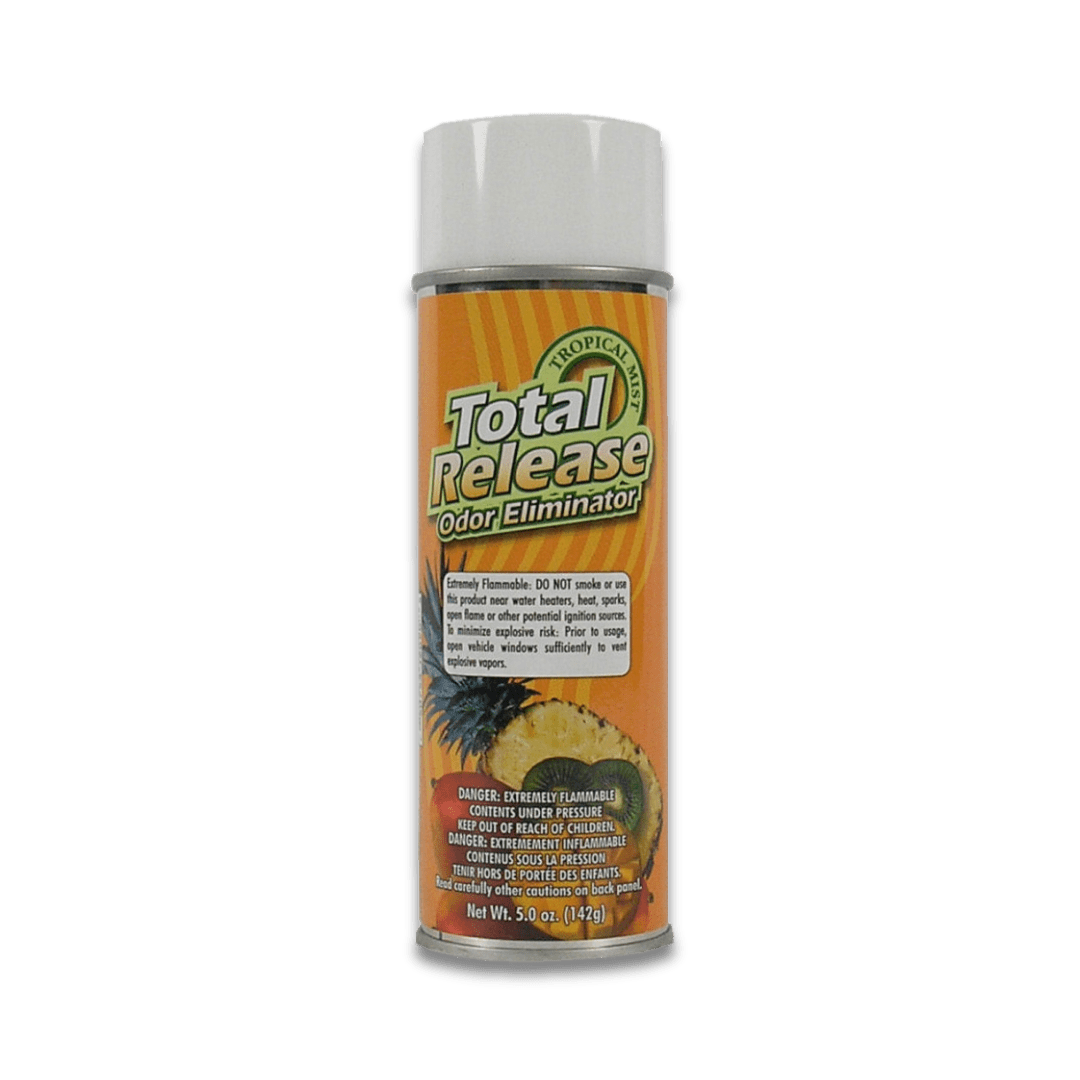 A bottle of Hi - Tech Total Release Odor Eliminator on a white background.