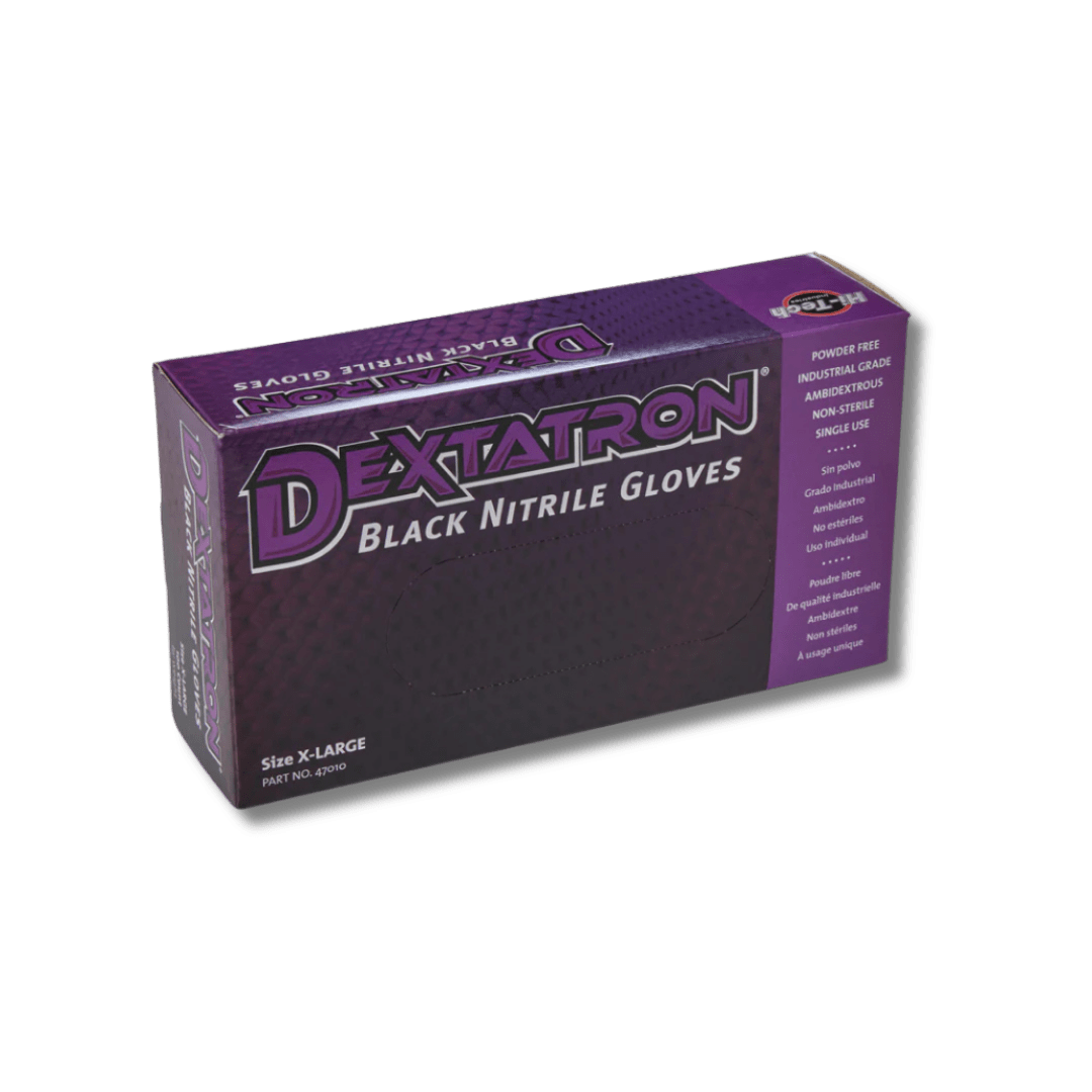 A bottle of Hi - Tech Dextatron Black Nitrile Powder Free Gloves - 100 Pack on a white background.
