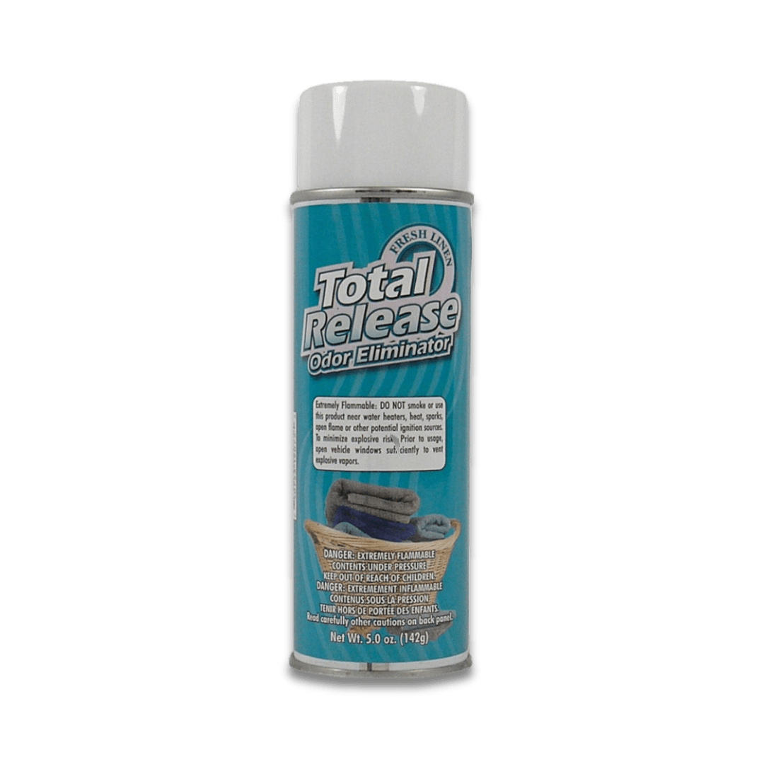 A bottle of Hi - Tech Total Release Odor Eliminator on a white background.