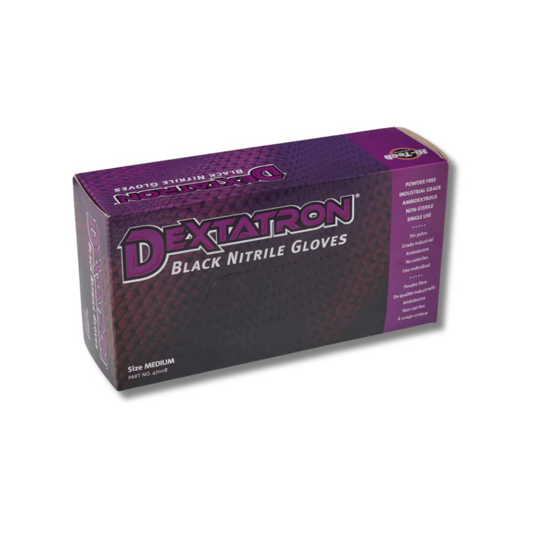 A bottle of Hi - Tech Dextatron Black Nitrile Powder Free Gloves - 100 Pack on a white background.