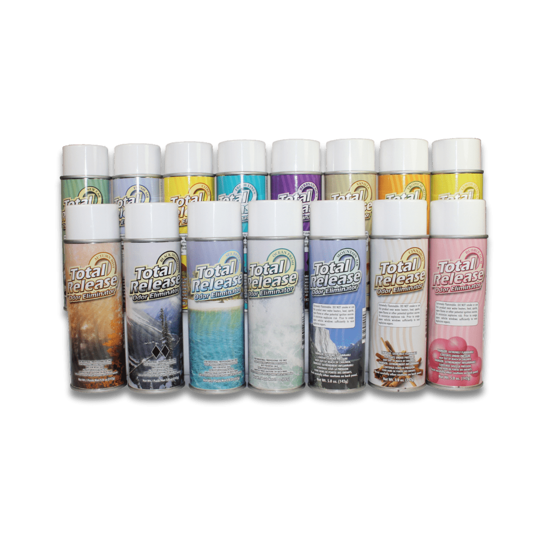 A bottle of Hi - Tech Total Release Odor Eliminator on a white background.