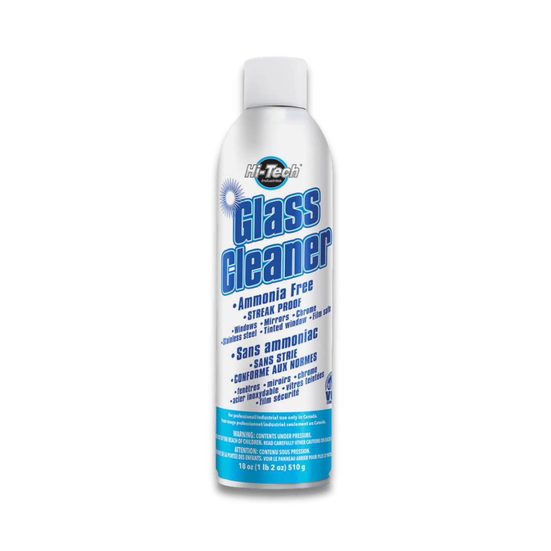 A bottle of Hi - Tech Ammonia Free Aerosol Glass Cleaner on a white background.