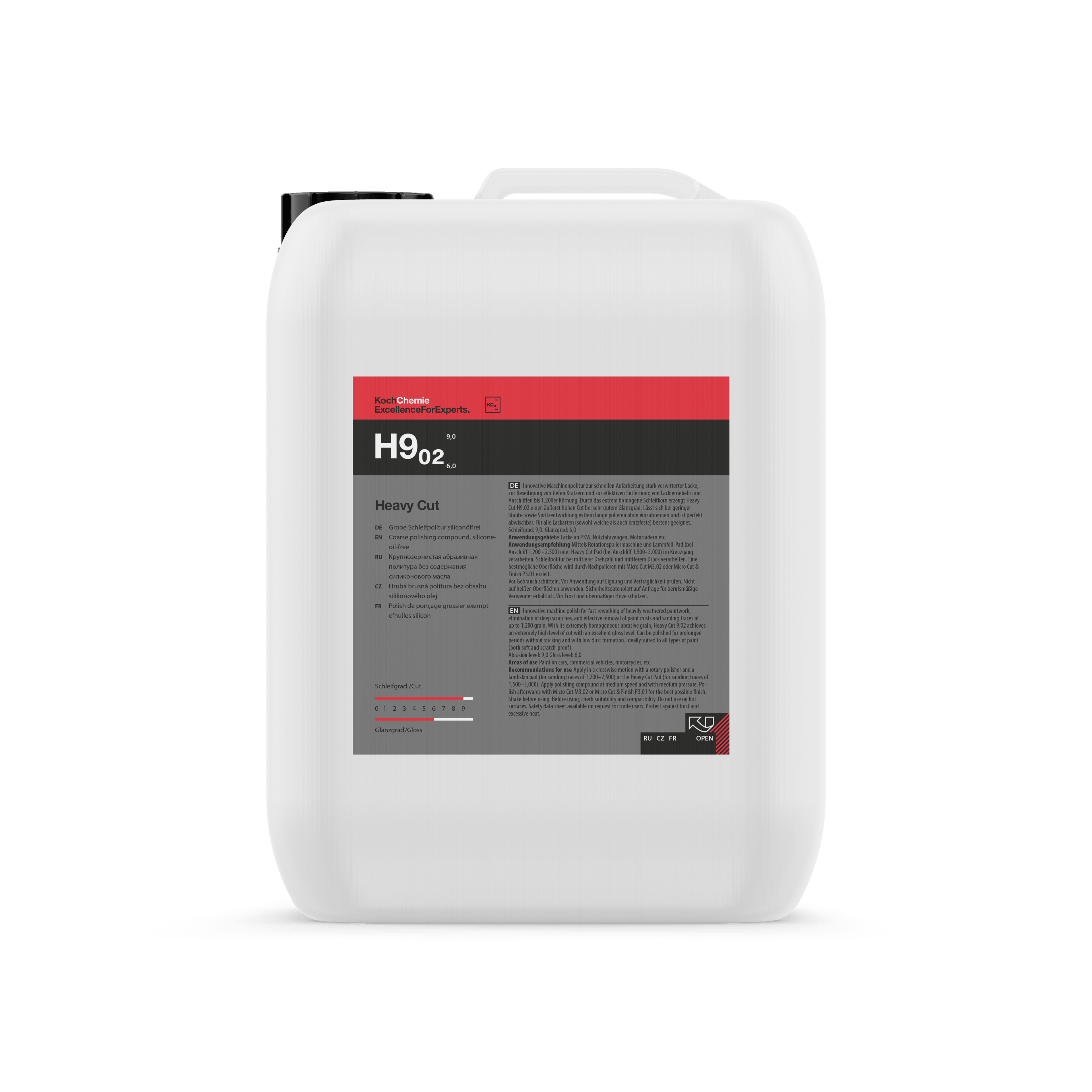 A bottle of Koch Chemie H9.02 | Heavy Cut on a white background.