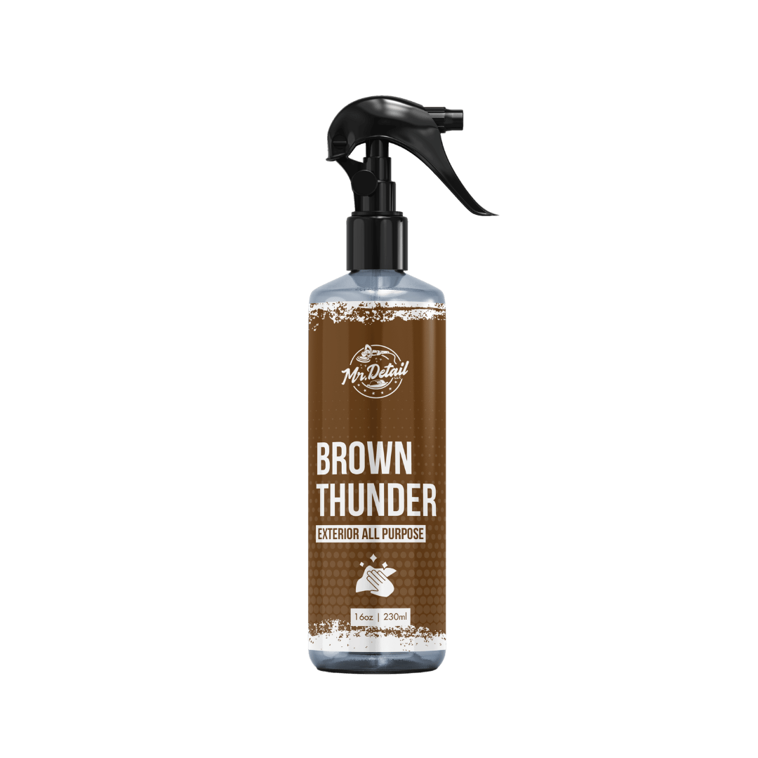 A bottle of Mr Detail Brown Thunder on a white background.