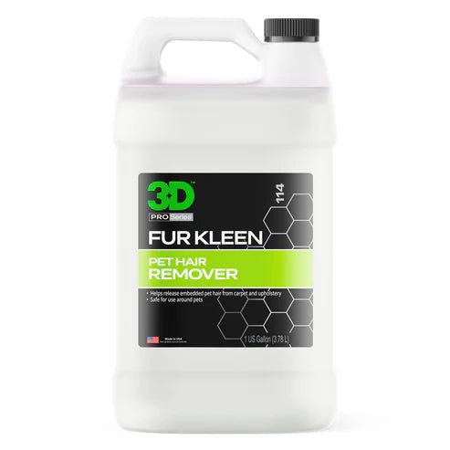 A bottle of 3D 3D | FUR KLEEN | PET HAIR REMOVER on a white background.