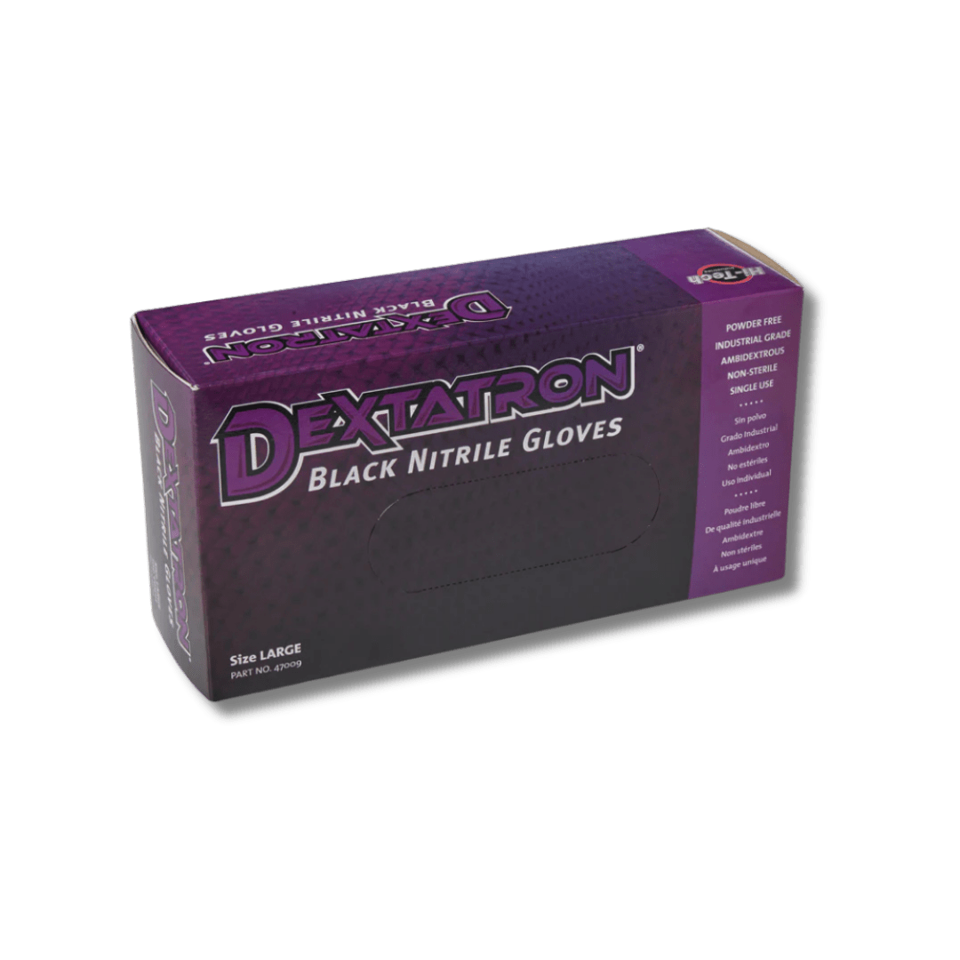 A bottle of Hi - Tech Dextatron Black Nitrile Powder Free Gloves - 100 Pack on a white background.