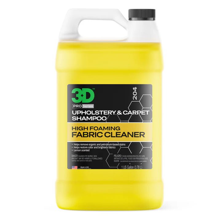 A bottle of 3D 3D | UPHOLSTERY & CARPET SHAMPOO on a white background.