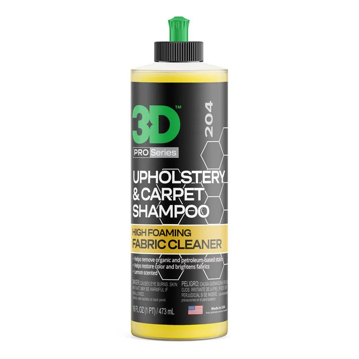 A bottle of 3D 3D | UPHOLSTERY & CARPET SHAMPOO on a white background.