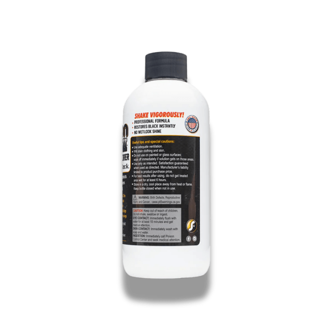 A bottle of Solution Finish Solution Finish Black Trim Restorer on a white background.