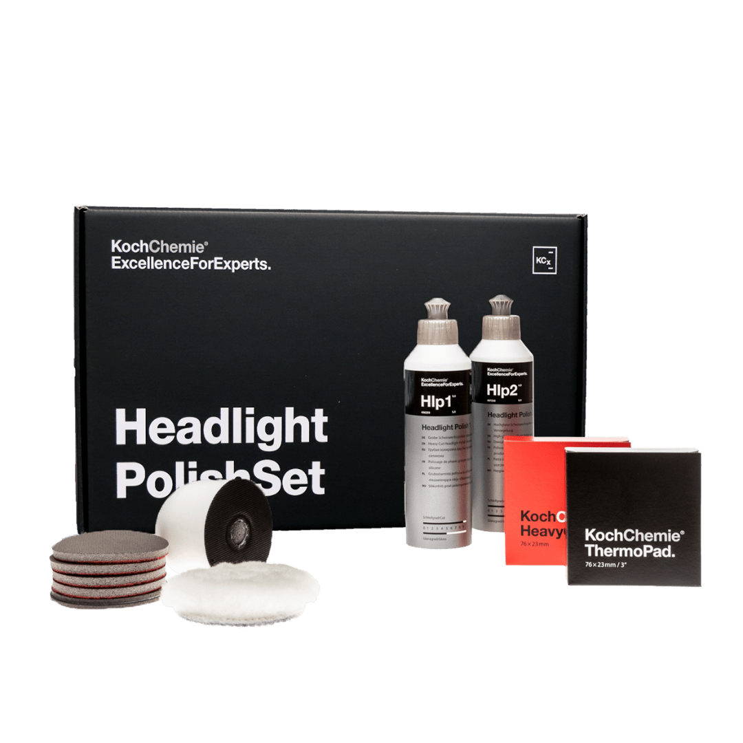 A bottle of Koch Chemie Headlight Polish Kit on a white background.
