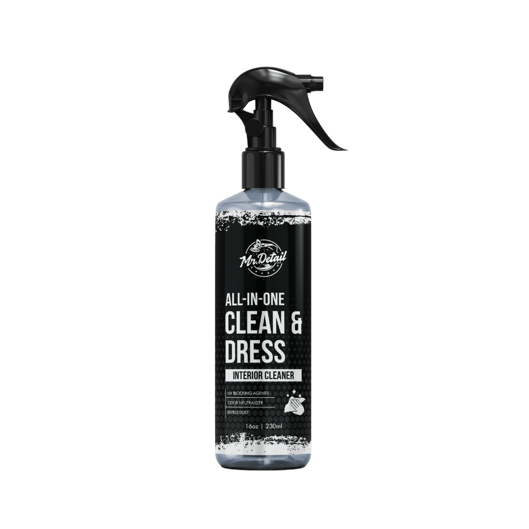 A bottle of Mr Detail Clean and Dress on a white background.