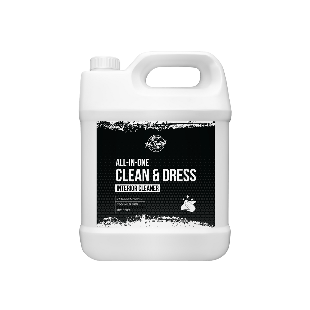 A bottle of Mr Detail Clean and Dress on a white background.