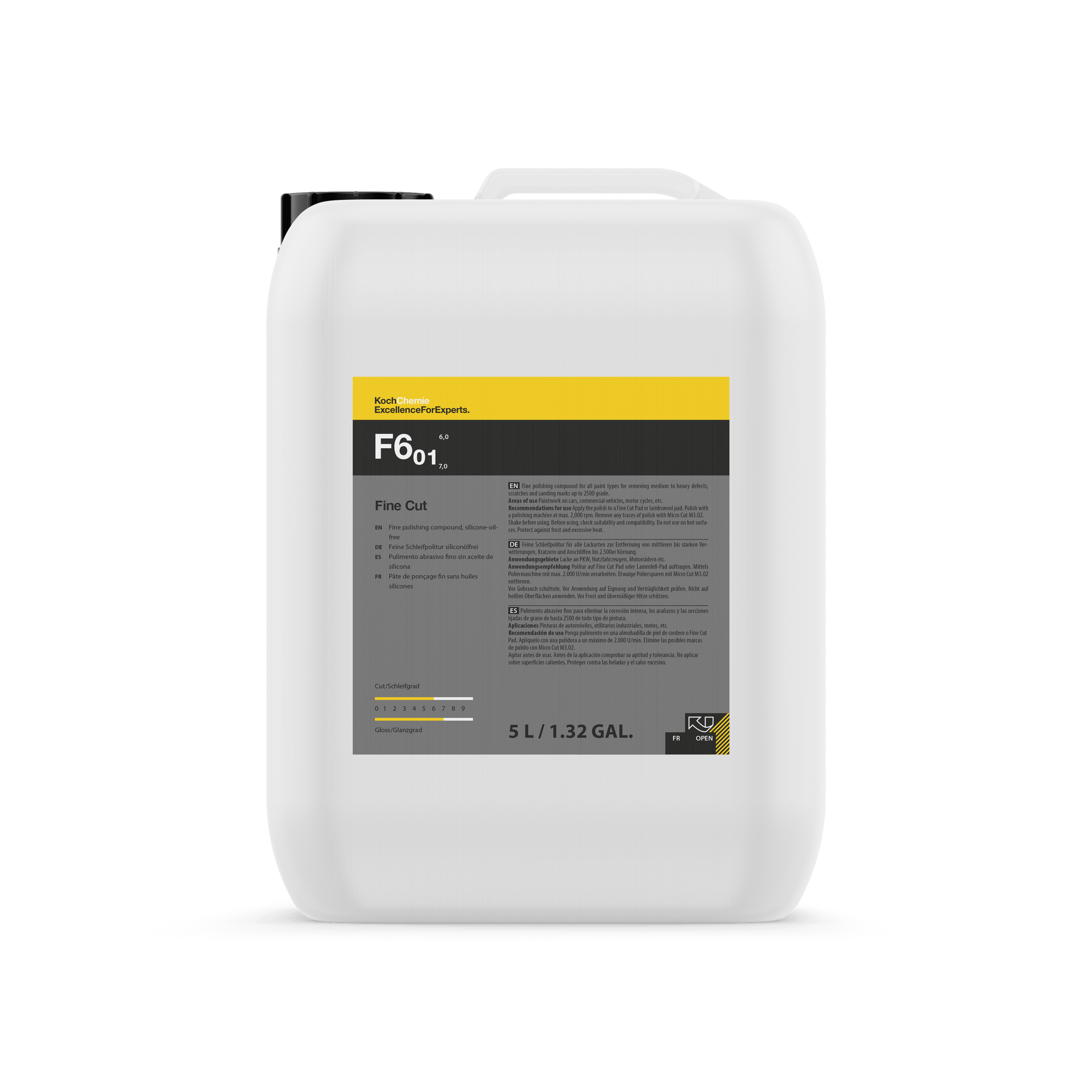 A bottle of Koch Chemie F6.01 | Fine Cut on a white background.