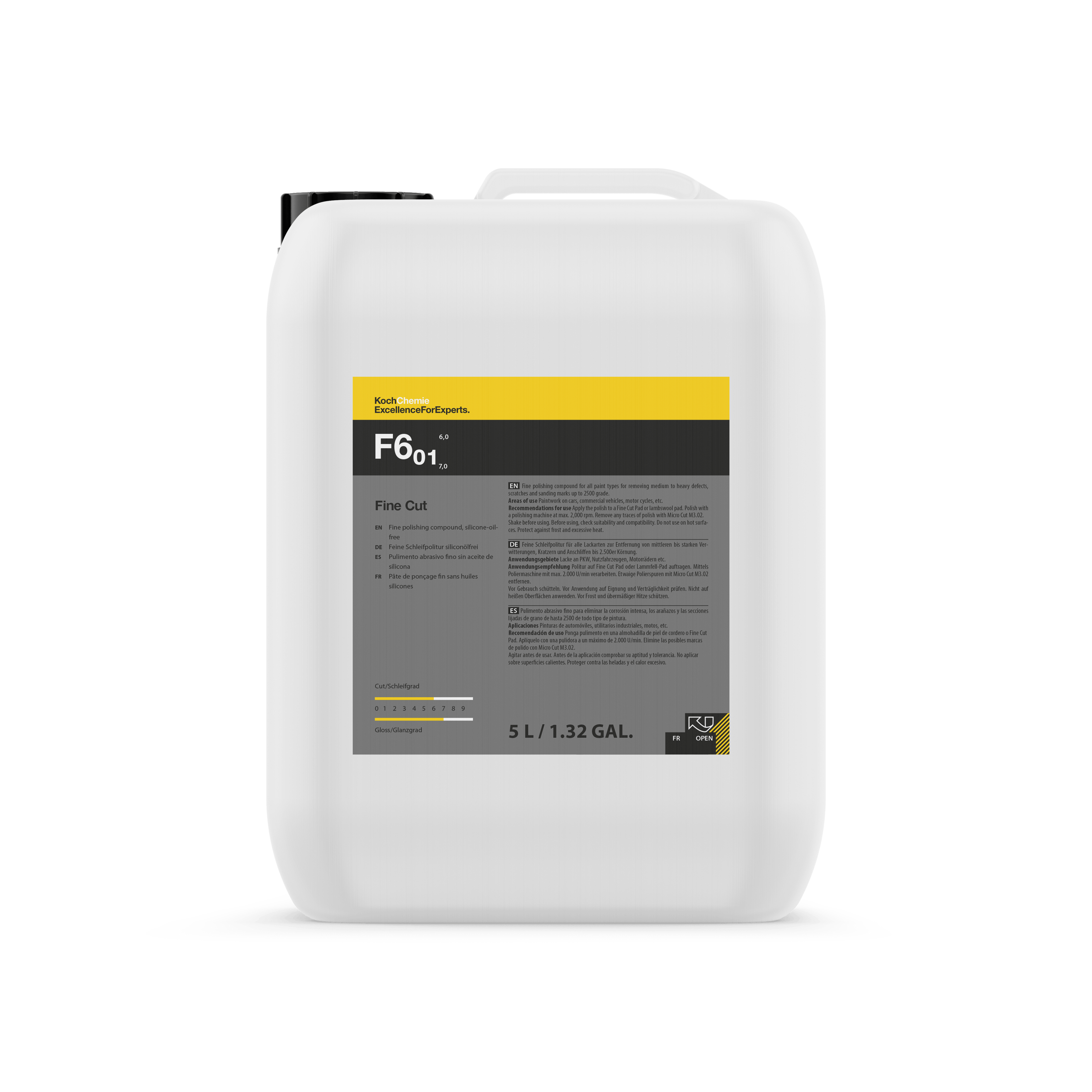A bottle of Koch Chemie F6.01 | Fine Cut on a white background.