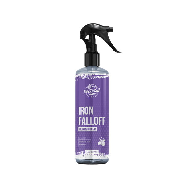 A bottle of Mr Detail Iron Falloff on a white background.
