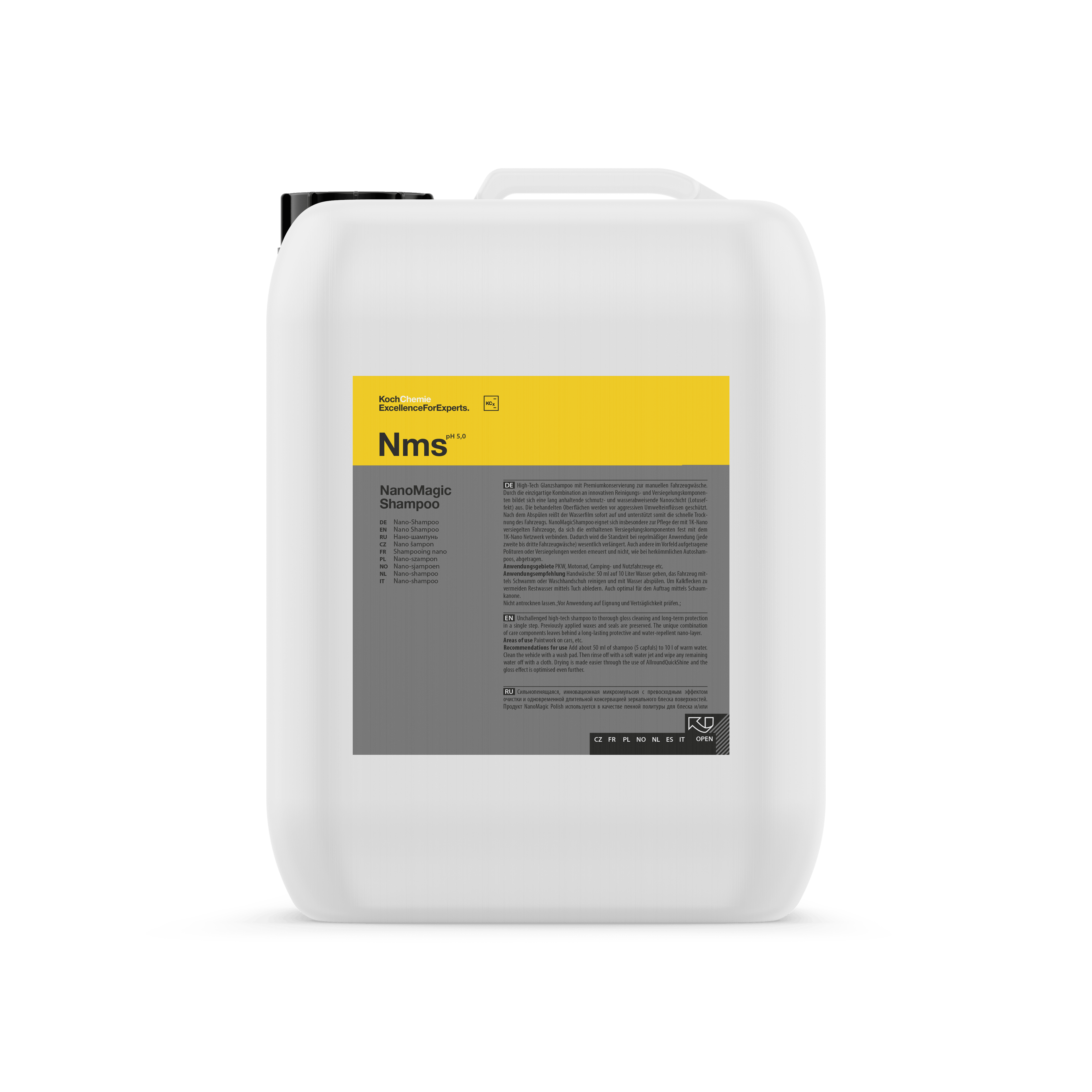 A bottle of Koch Chemie Nms | NanoMagic Shampoo on a white background.