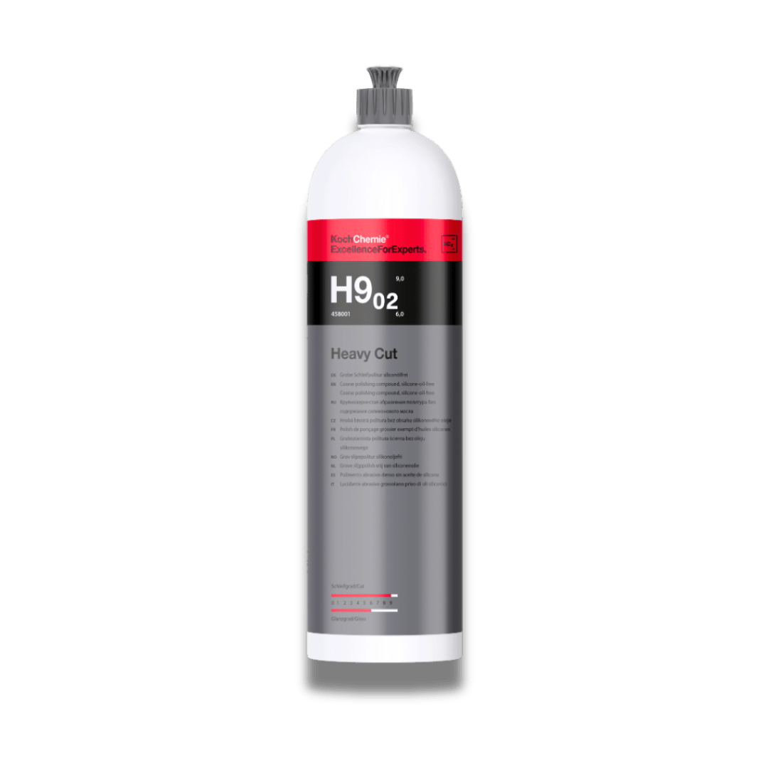 A bottle of Koch Chemie H9.02 | Heavy Cut on a white background.