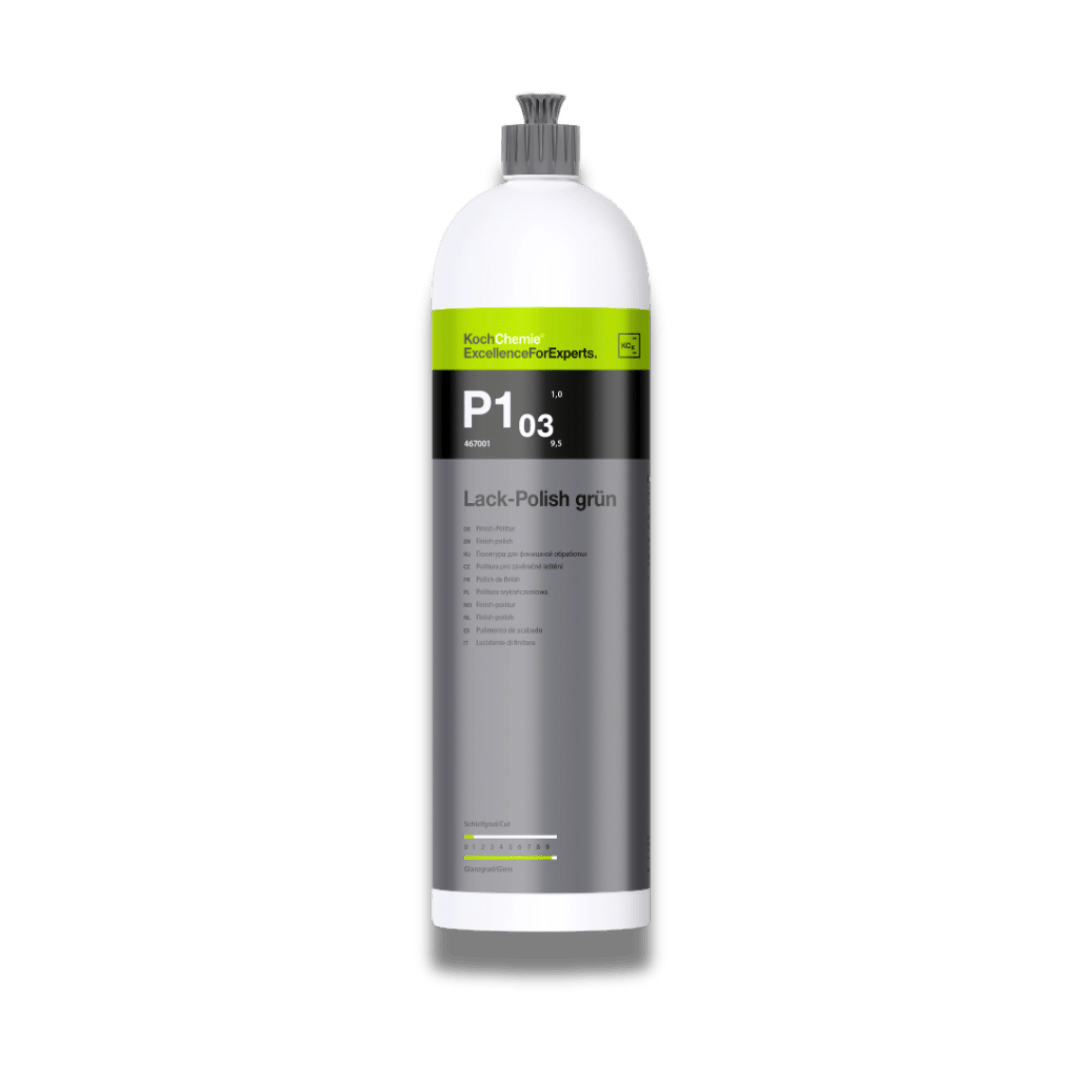 A bottle of Koch Chemie P1.01 | Lack - Polish Grun on a white background.