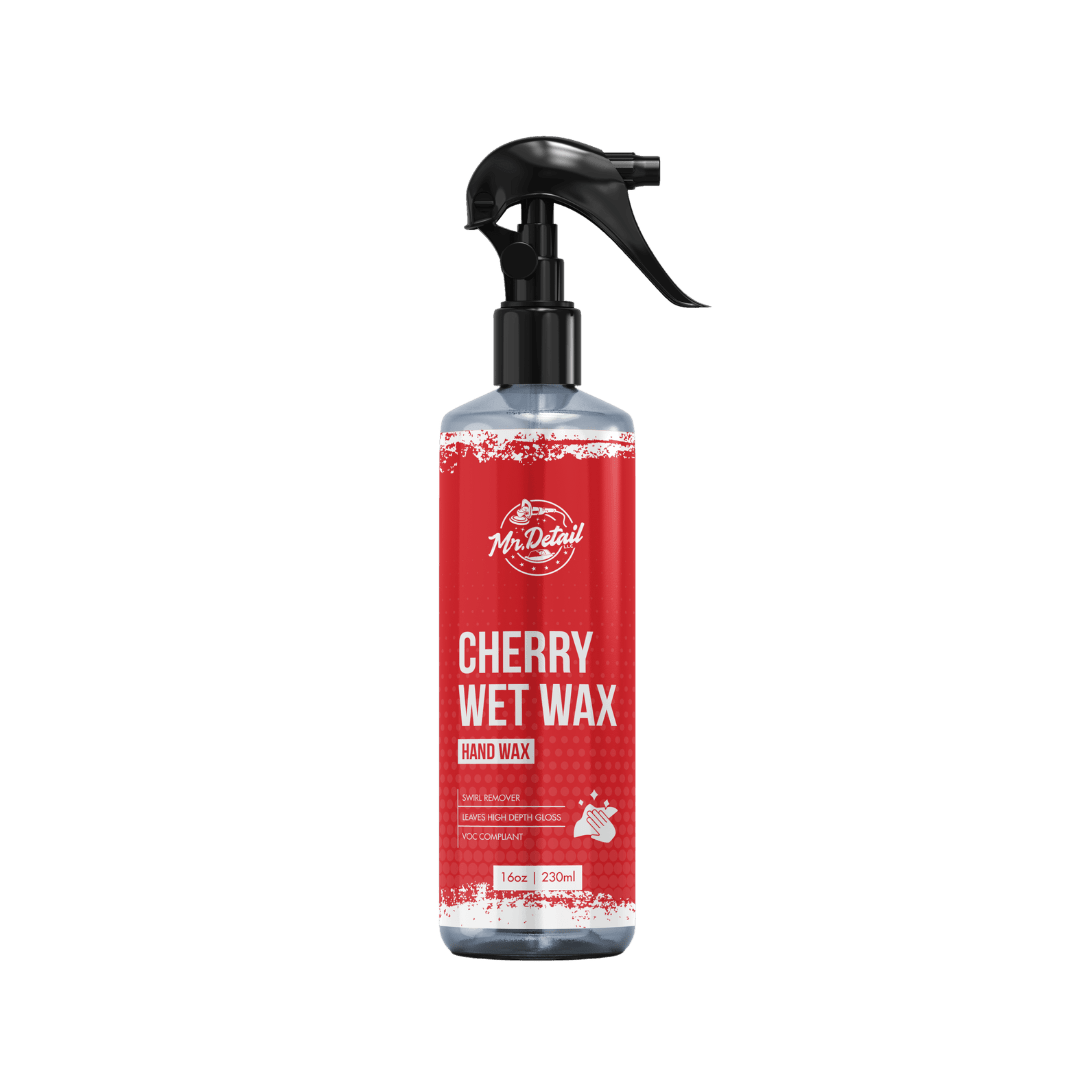 A bottle of Mr Detail Cherry Wet Wax on a white background.