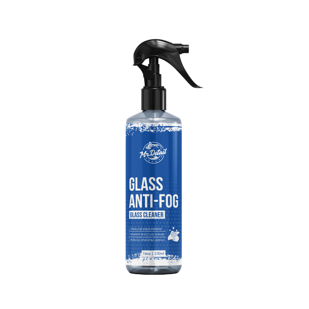 A bottle of Mr Detail Glass Anti - Fog on a white background.