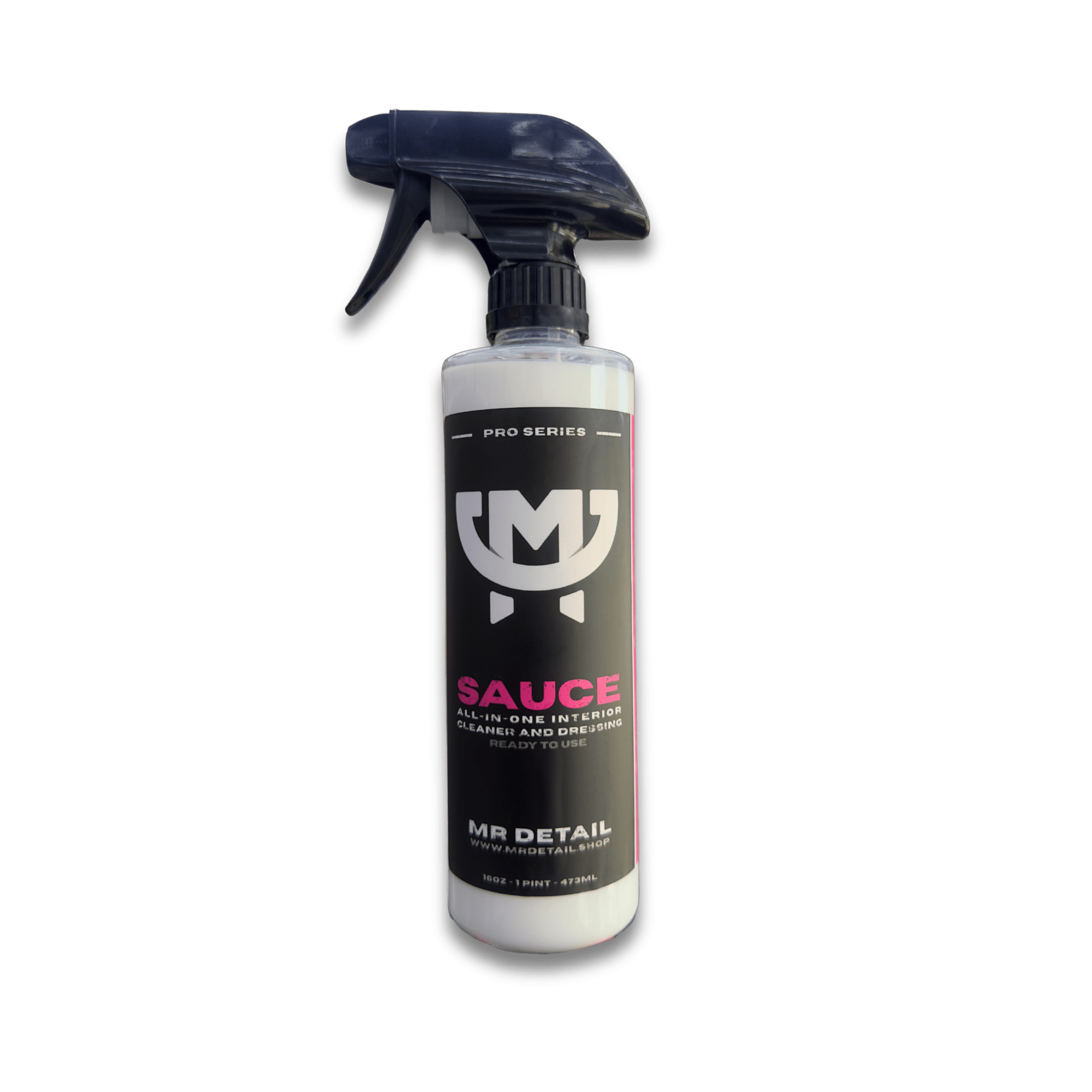 A bottle of Mr Detail SAUCE on a white background.