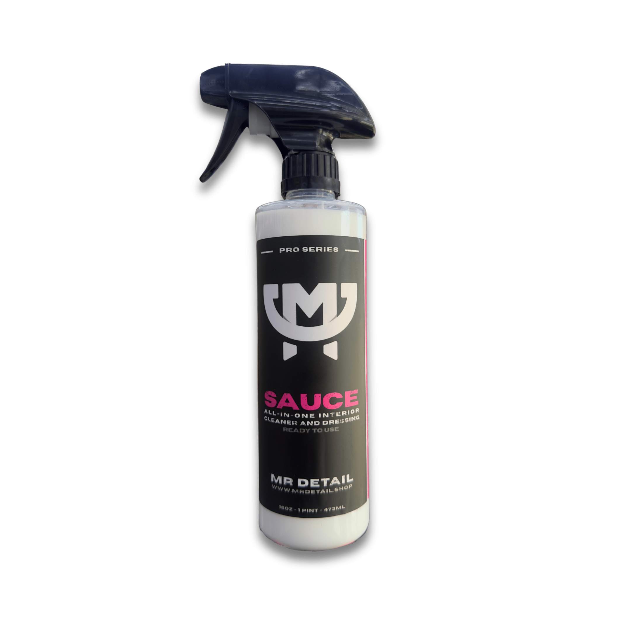 A bottle of Mr Detail SAUCE on a white background.