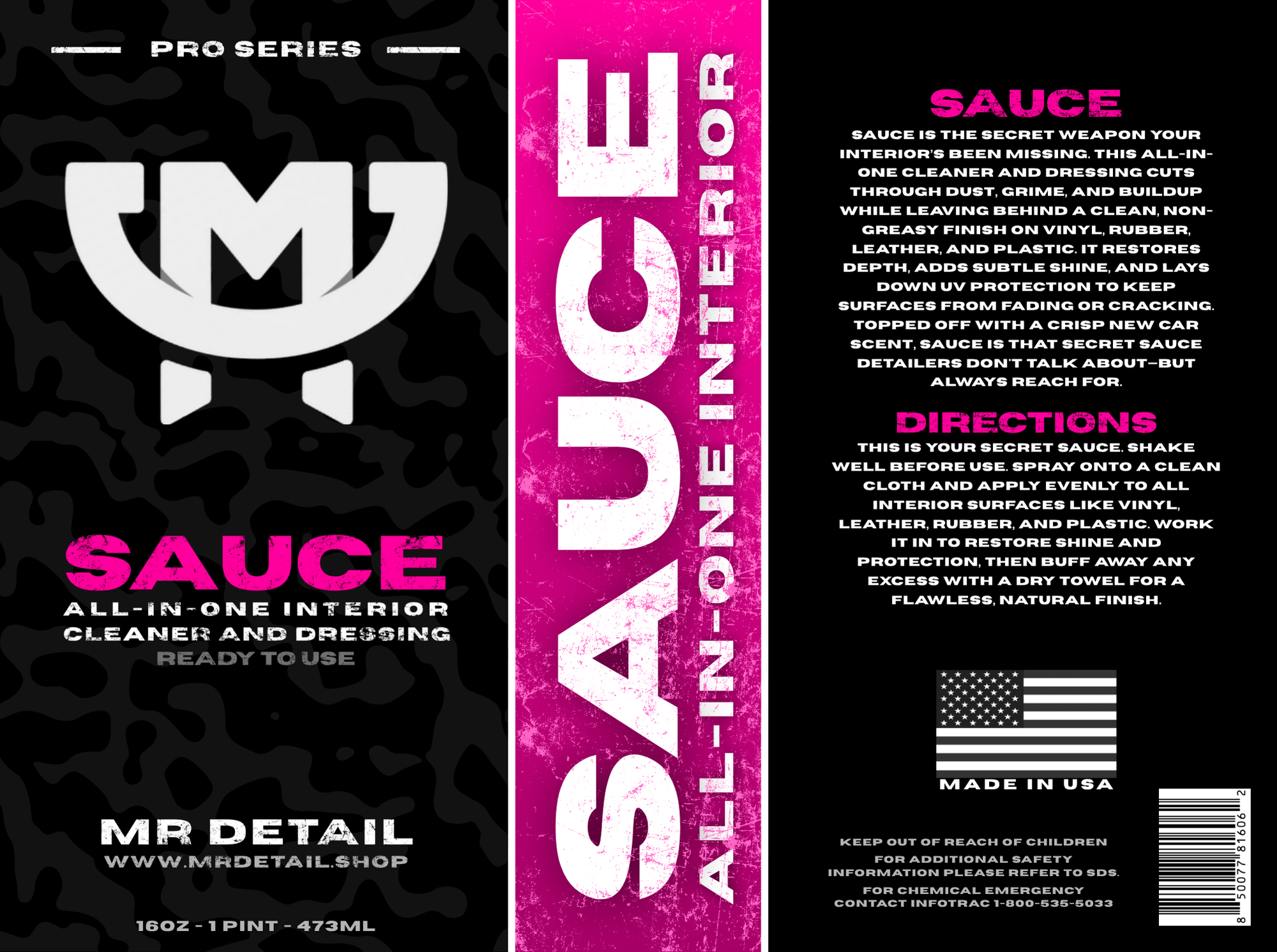 A bottle of Mr Detail SAUCE on a white background.